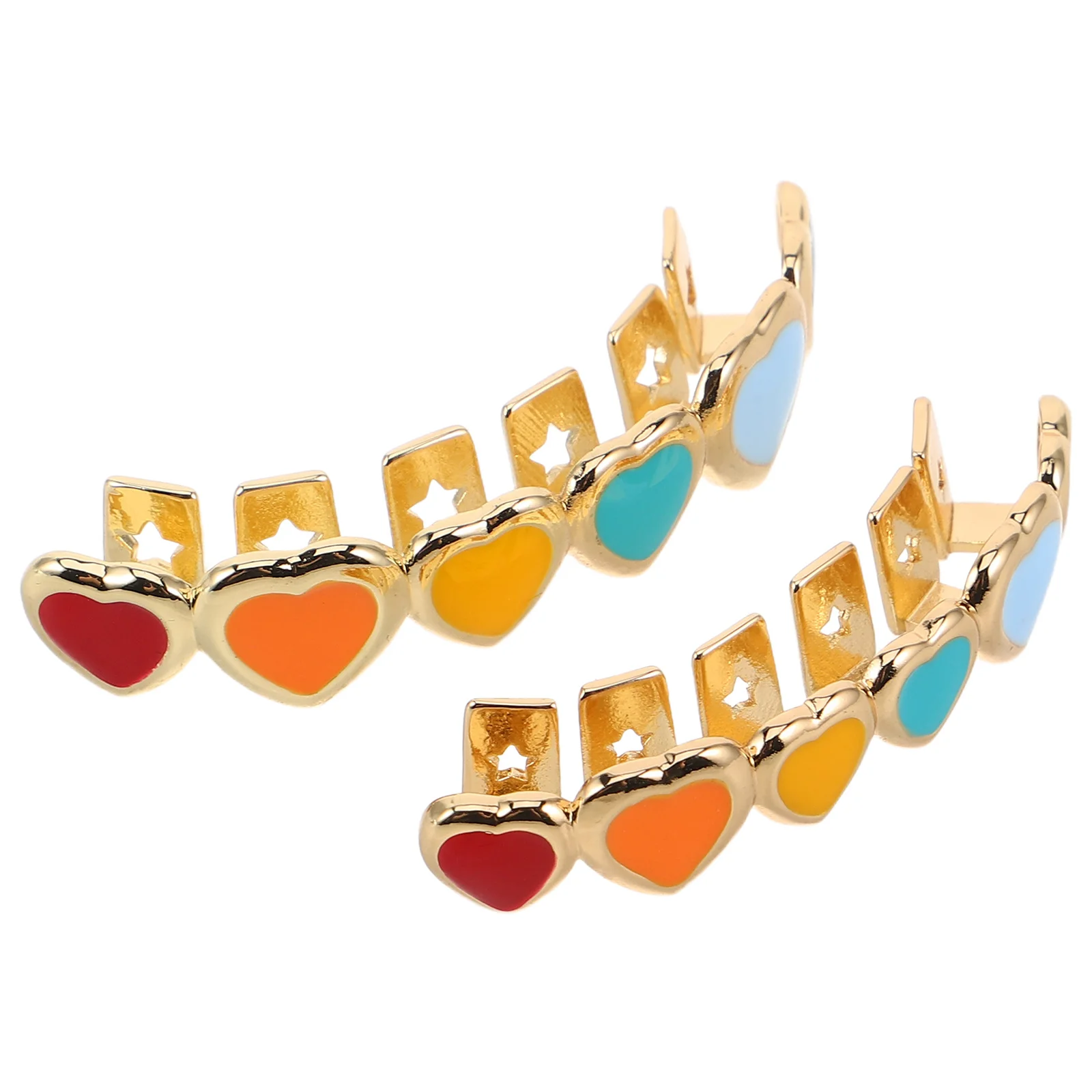 

2pcs Heart Tooth Grills For Men Women Clip On Fake Teeth Caps Hip Hop Jewelry Decorative Mouth Grill Golden Charm For Cosplay