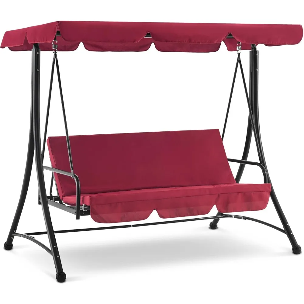 

3 Seat Patio Swings with Weather Resistant Steel Frame Adjustable Canopy, Reclining Outdoor Porch Swing with Cushion for