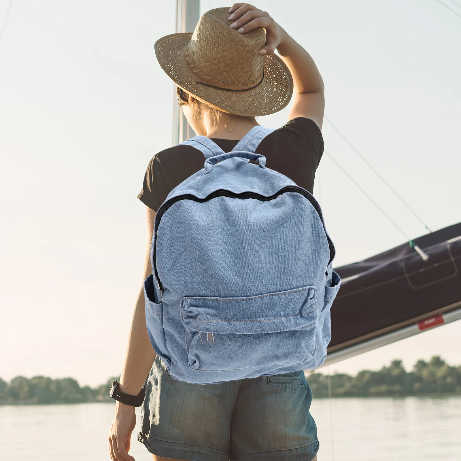 Light Blue Denim School Backpack Casual Retro Multipurpose Large Capacity Rucksack Travel Satchel Bag Denim Backpack