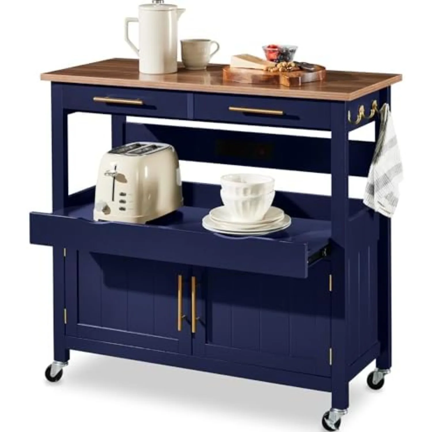 36in Large Rolling Kitchen Island Cart, 2-Door Cabinet, 2 Drawers, Pull-Out Shelf, Power Outlet, Hooks, & Swivel