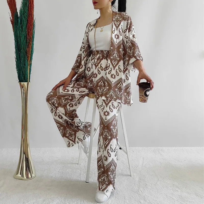 Cardigan Print Pant Sets Women Elegant Long Sleeve V Neck Shirt Wide Leg Trousers Suits Female Clothing Trend 2024 Lady 2pcs Set