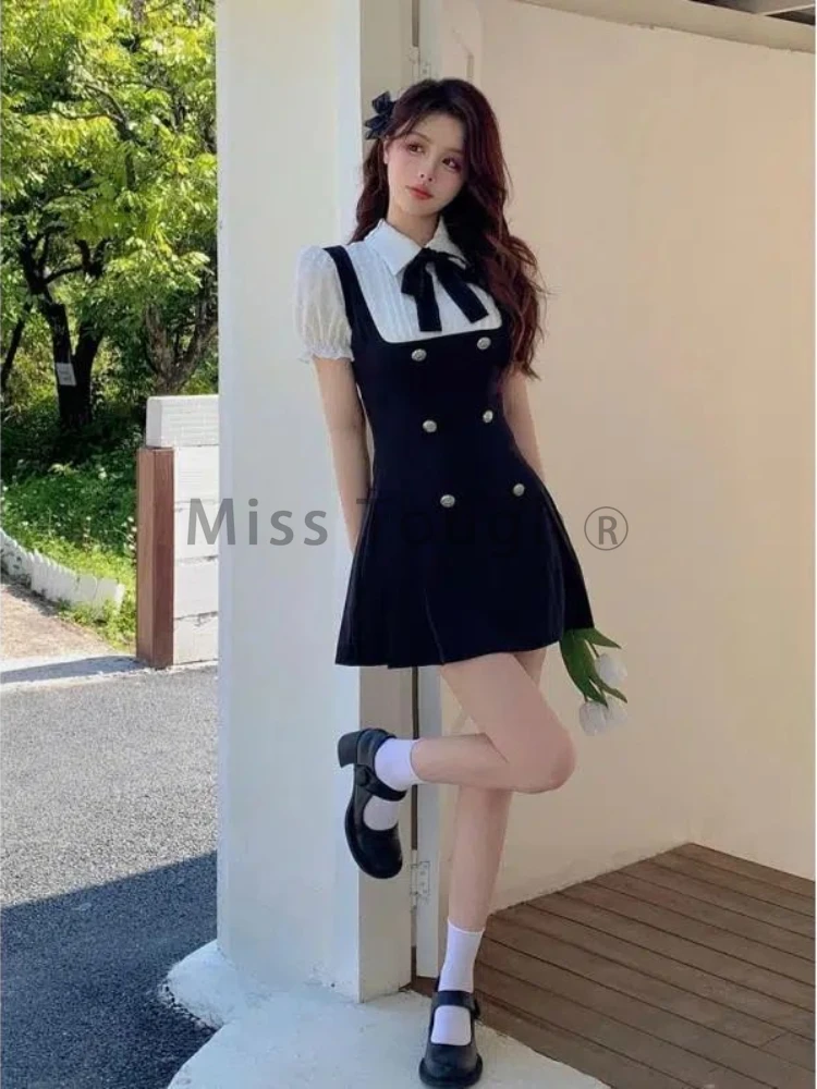 Preppy Style Fashion Y2k Sling Dresses Women Sweet Girl Bow Fake Two Piece Slim Dress Female Casual Outwear Party Mini Dress New