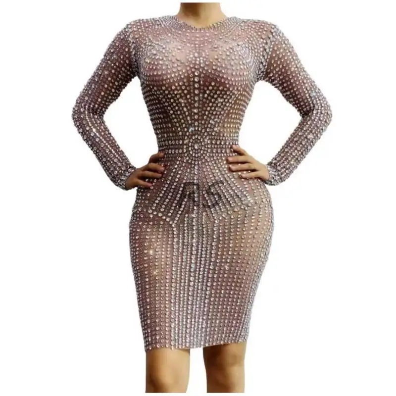 Costume Birthday Celebrate Women Dancer Dress Flashing Silver Rhinestones Long Sleeves Transparent Dress Evening