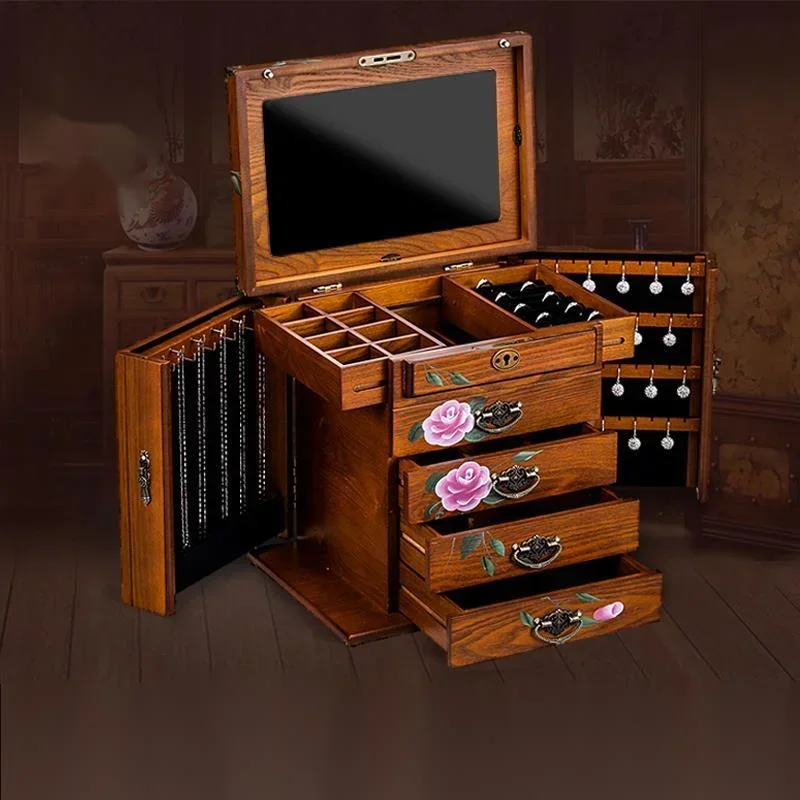 

Solid Wood Makeup Storage Box, Lift-lid Cosmetic Organizer with Drawer Design, Elegant Vanity Case for Beauty Essentials