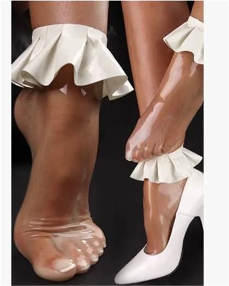 100% Pure Transparent Latex Sock with White Ruffles Lace for Women Wear