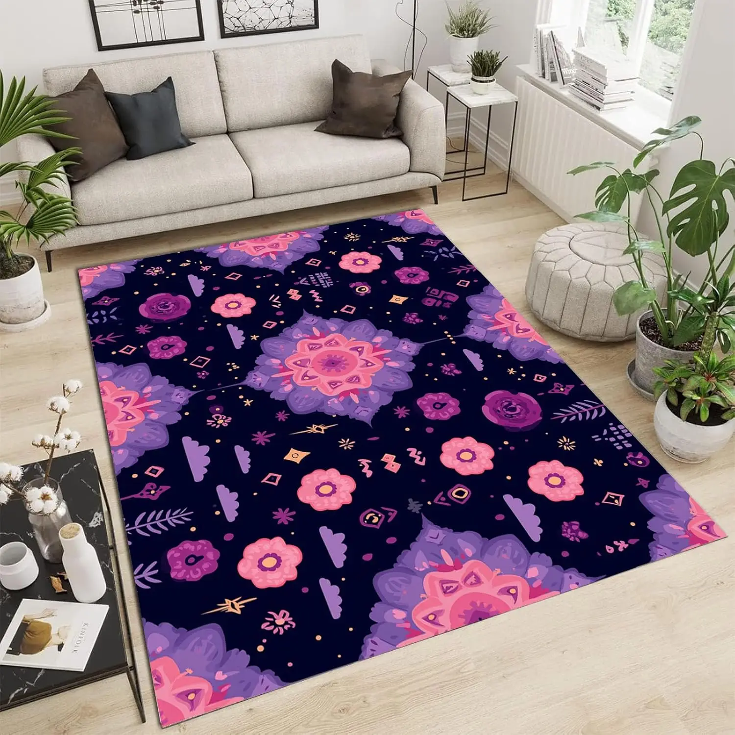 

Cartoon Pattern Machine Washable Rug Purple Non-Slip Stain Resistant Soft Clouds Snowflake Elements Large Carpet Low Pile Thin