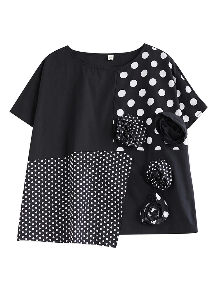 Black Vintage Oversized Polka Dot T-shirt Women O-Neck Short Sleeve Loose Casual Tshirt Tops Fashion Clothing New Summer 2024