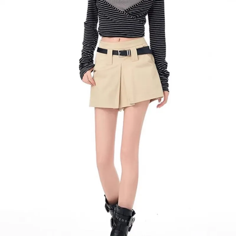 Retro Khaki Cargo Culottes Women's High-waisted Spice Girl Hip Shorts Skirts