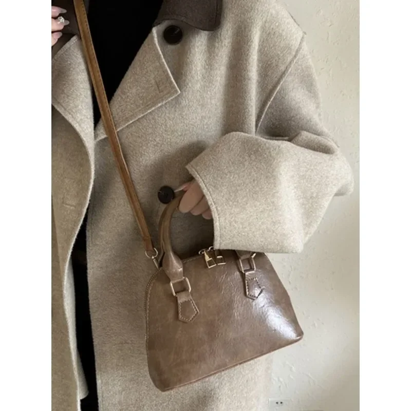 

Foufurieux Leather Women Shell Bag 2023 New Versatile Solid Color Natural Real Cowhide Handbag Simple Small Shoulder Bags Womens
