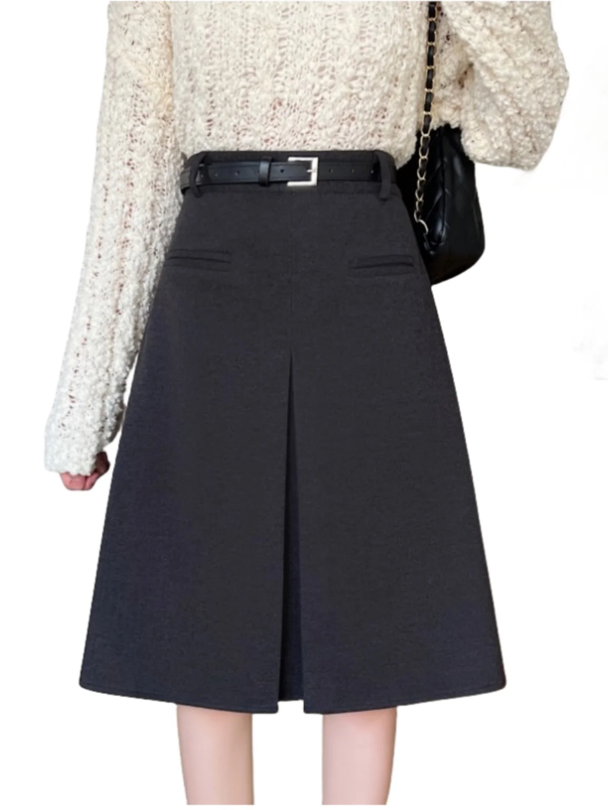 

ay Woolen A-Line Midi Skirt Autumn Winter Long Pleated Slimming Hip Covering Casual High Waist Polyester Fiber Skirt