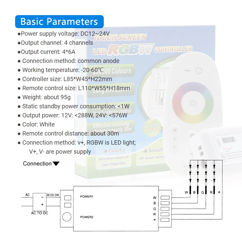 RGBW Controller 24A DC12V 24V 4 Channel LED Touch Screen RF Wireless Remote Control Dimmer for 5050 Full Color Lamp Light Strip