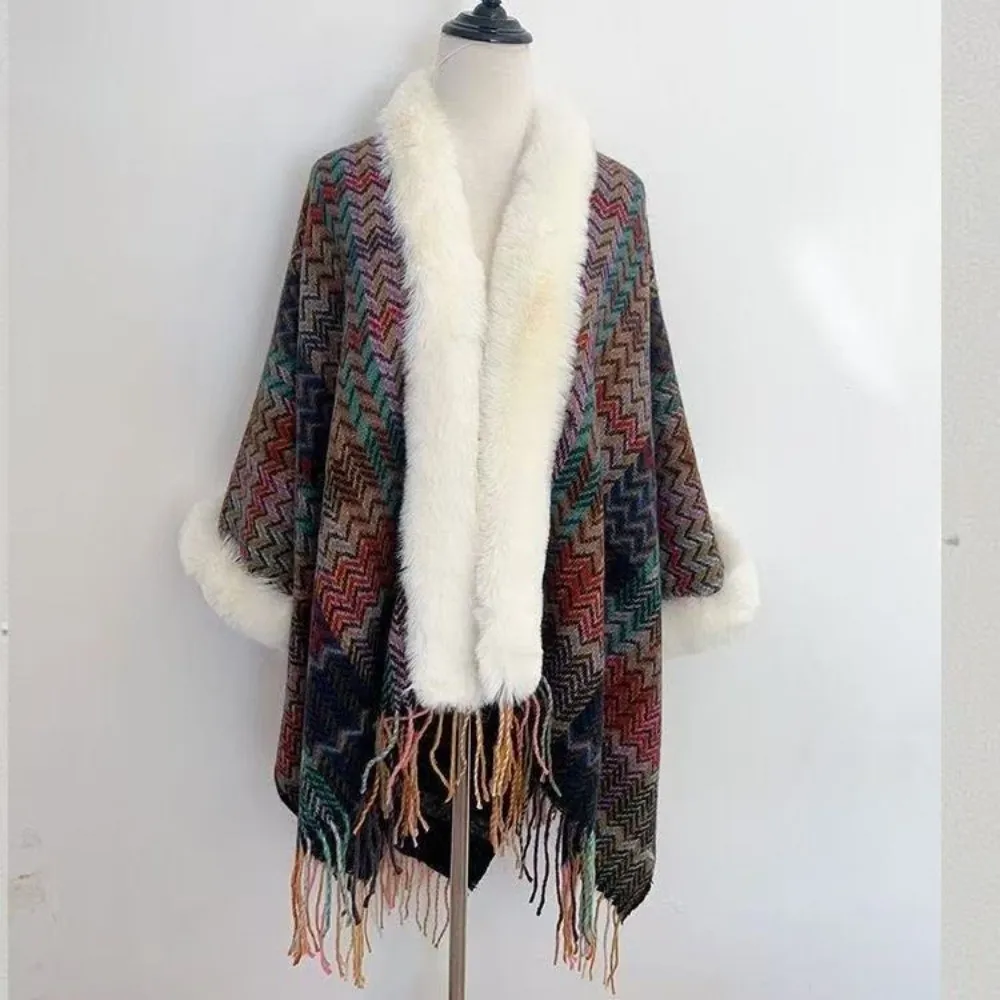 

Winter Warm Faux Fur Collar Shawl Striped Ethnic Style Mongolian Poncho Artificial Wool Knitted Cape for Autumn Winter