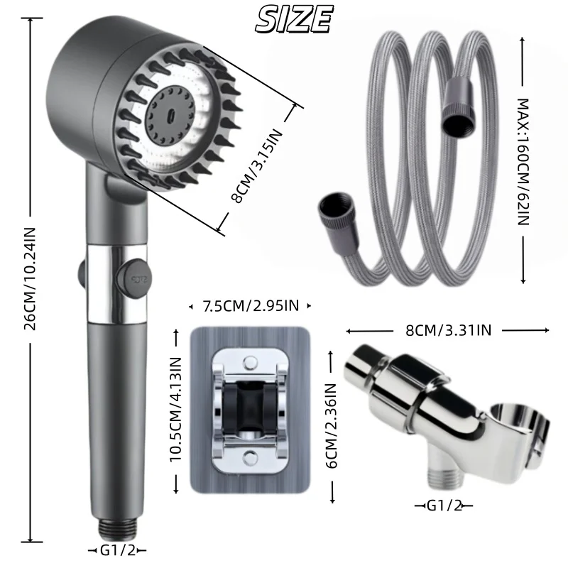 3 Colors Medium Shower Head Set Internal Filter 3‑Modes One‑Key Stop 62in(160cm)Hose No‑Drill & US Bracket,For Shower Only