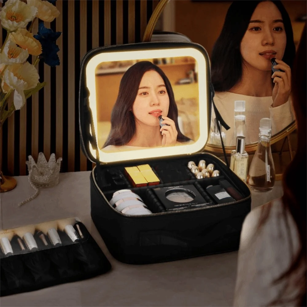 Detachable Partition Large Capacity Makeup Bag Adjustable Handheld Makeup Artist Bag Waterproof LED Light Mirror Bag Travel Use