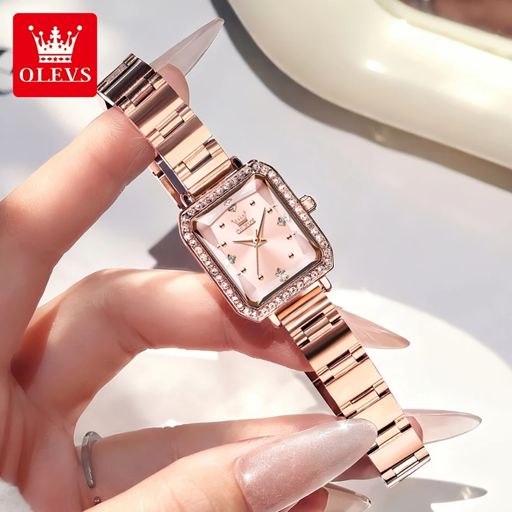 OLEVS 5688 Ladies' Square Dial Watch Rose Gold Stainless Steel Diamond Watch Luxury Fashion Retro Women's Quartz Watch
