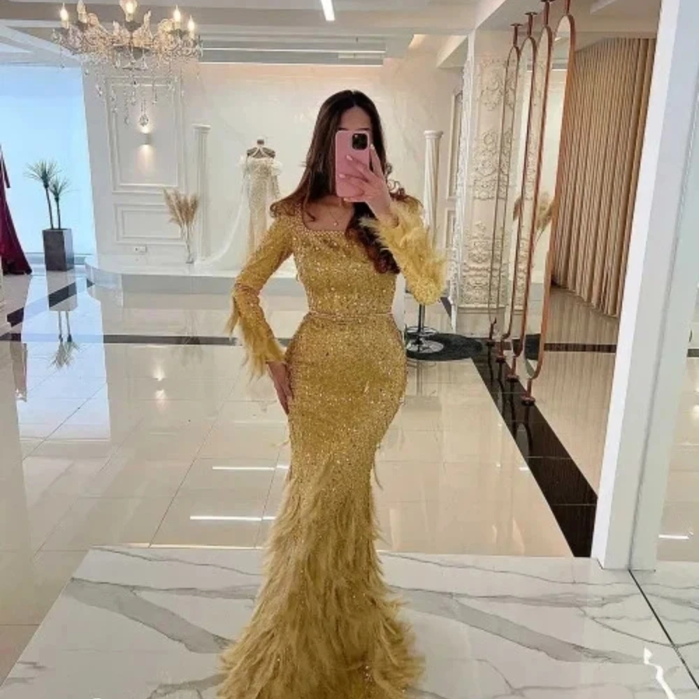 

Elegant Mermaid Lace Beaded Feather Party Evening Dress Sexy Square Collar Long Sleeve Special Occasion Ball Dress Customized