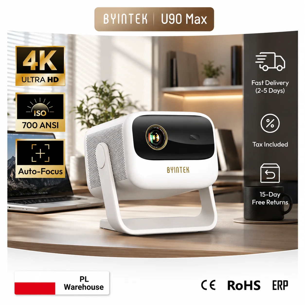 Projetor de vídeo DLP portátil BYINTEK Mini, 4K Full HD 1080P, Android TV 11.0 com bateria, WiFi Home Theater, isento de impostos, sem taxas extras