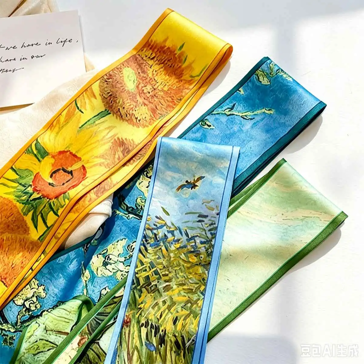 4pcs Monet's Garden Oil Painting Series Silk Scarf Hair Tie Tote Bag Handbag Decor Long Ribbon Elegant Neck Scarf Accessory