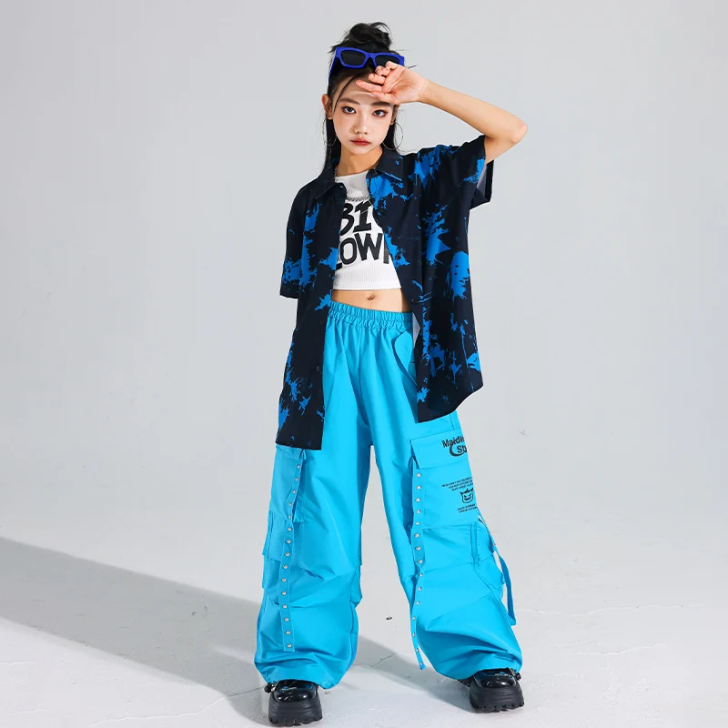 Ragazzi Hip Hop T-shirt a contrasto Gilet blu Pantaloni della tuta Ragazze Street Dance Jazz Costume Abbigliamento per bambini Set Bambini K-pop Streetwear