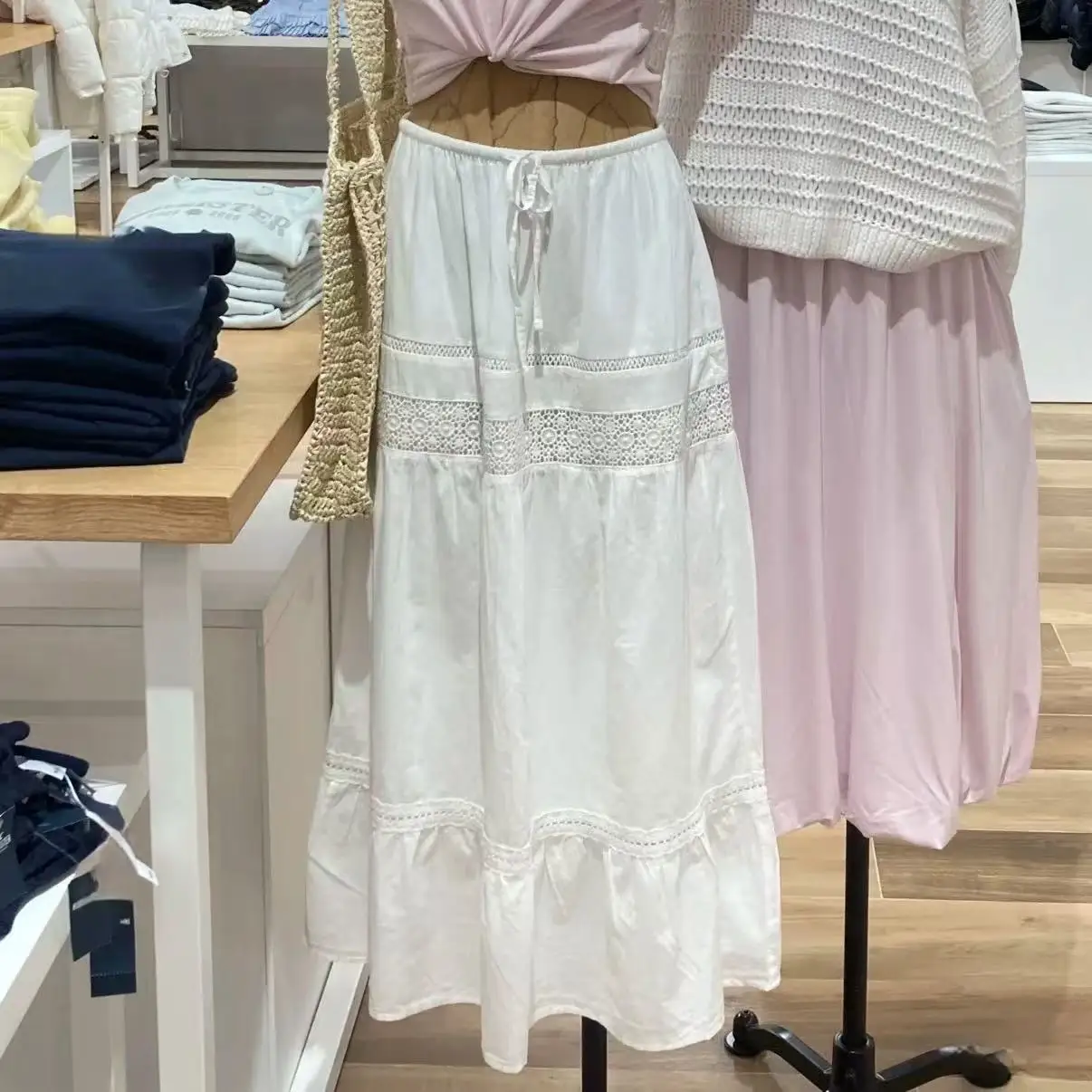 White Hollow Out Drawstring Long Skirt Women Summer Elastic Waist Crochet Patchwork Maxi Skirt Sweet Simple Casual A-line Faldas