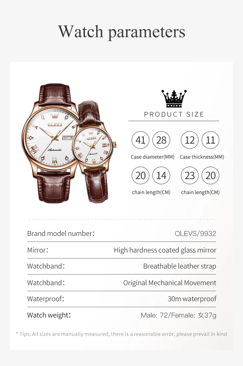 ساعة زوجية ميكانيكية أوتوماتيكية للرجال والنساء ، حزام جلدي مقاوم للماء ، ساعة عمل فاخرة ، أنيقة ، تاريخ ، أسبوع ،