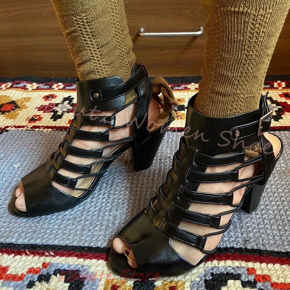 Gladiator Sandals Chunky Heel Strappy Leather Open Toe Retro Vintage Ankle Strap Buckle Summer Beach Women Shoes Fashion Elegant