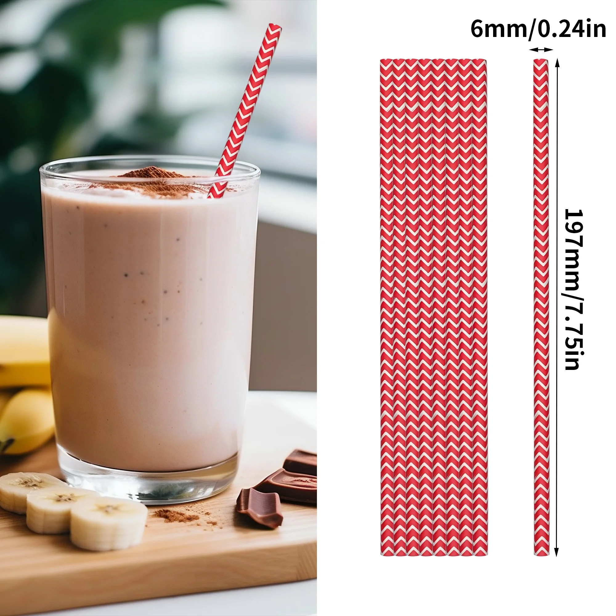 100pcs durable straws Red chevron biodegradable non-soggy bulk 6mm caliber paper straws cocktail sodas drinkware  party supplies