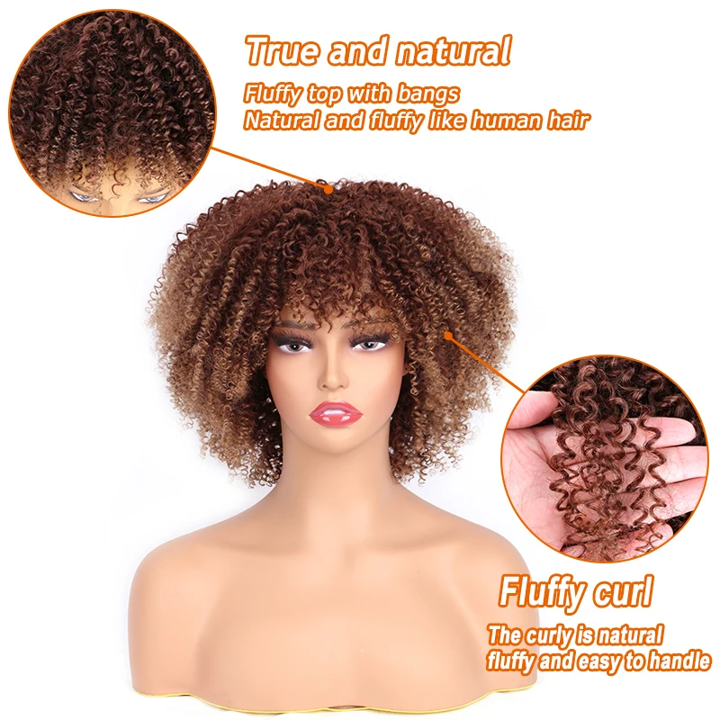 Short Hair Curly Afro Wigs With Bangs For Black Women Synthetic Natural Afro Kinky Curly Hair Wigs High Temperature Ombre Color