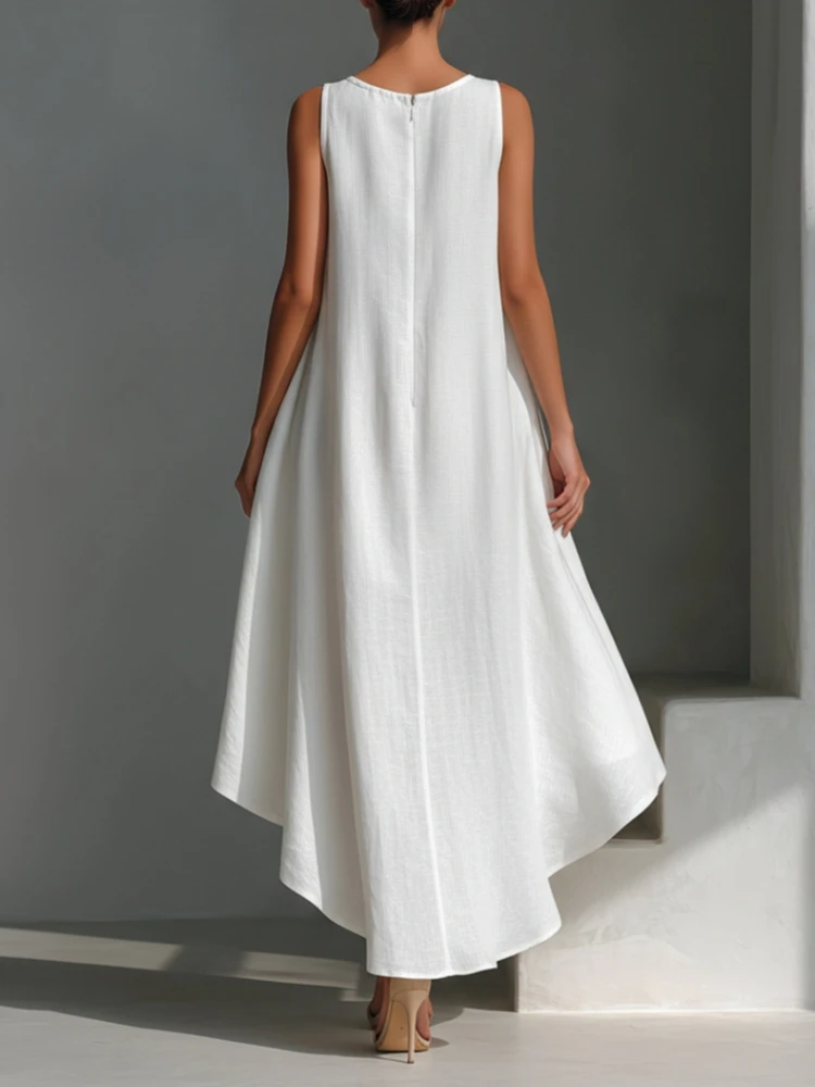 Summer Elegant Solid Dresses Womens Casual O Neck Sleeveless Irregular Loose Big Hem Maxi Dress Pocket Holiday Party Dress - Image 2
