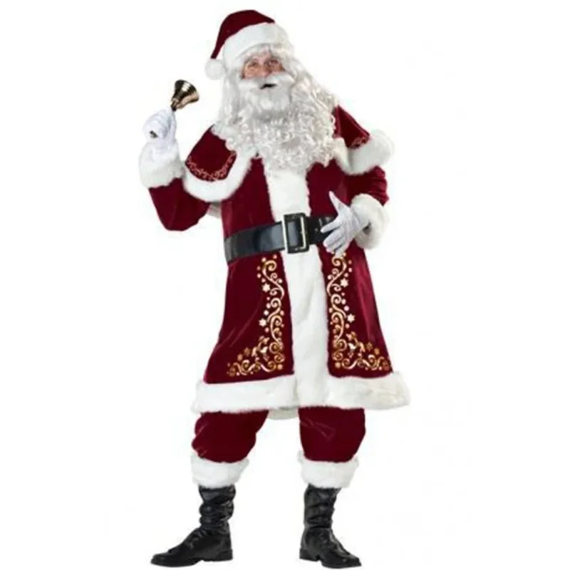 Santa Claus cosplay costume luxury Xmas dress up red outfit for adult suit for men women new year Christmas party stage disguise