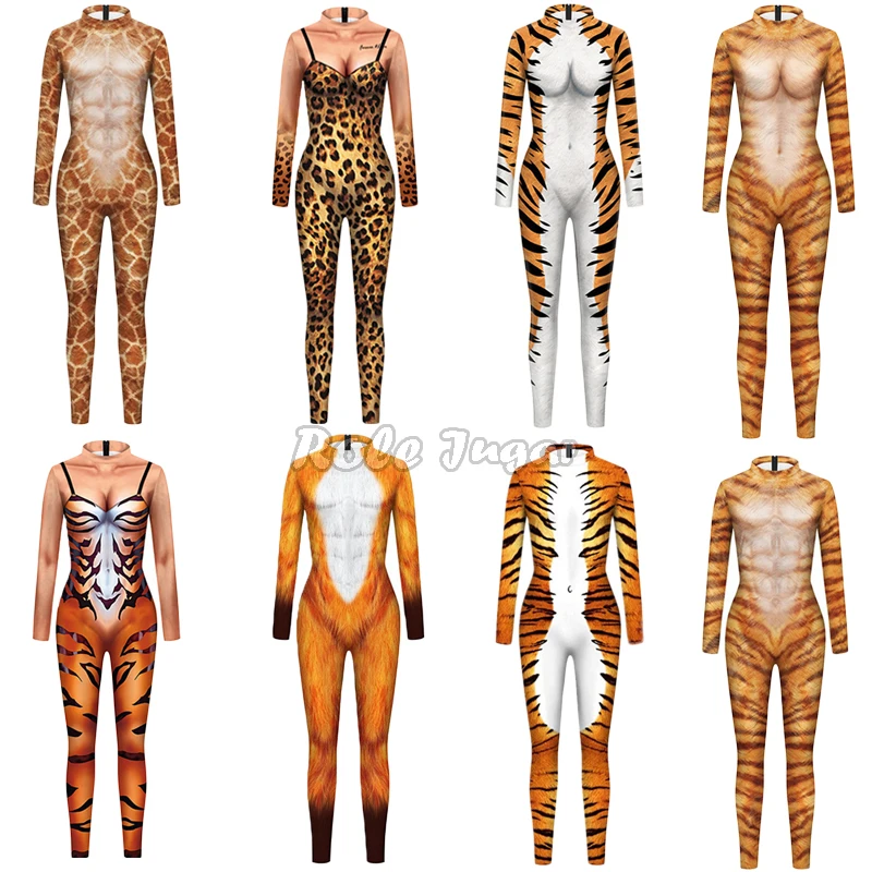 Animal Leopard Print Jumpsuit Cosplay Costume Men Women Long Sleeve Slim Bodysuits Halloween Carnival Performance Zentai Catsuit