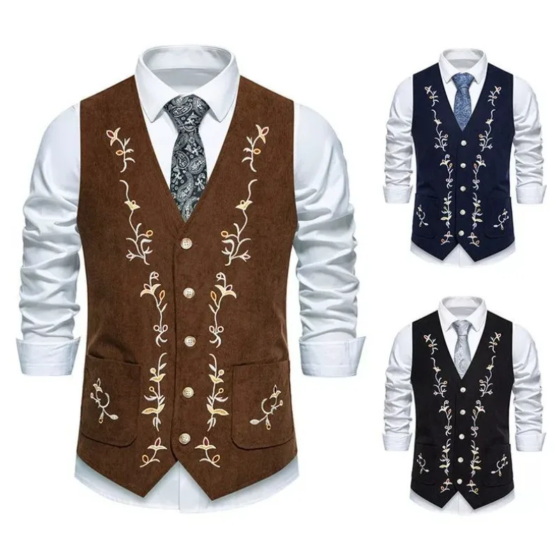 

Vintage Dark Brown Embroidered Denim Vest Oversized Ethnic Style Bodybuilder Jacket for Men Nightlife Party Wear​