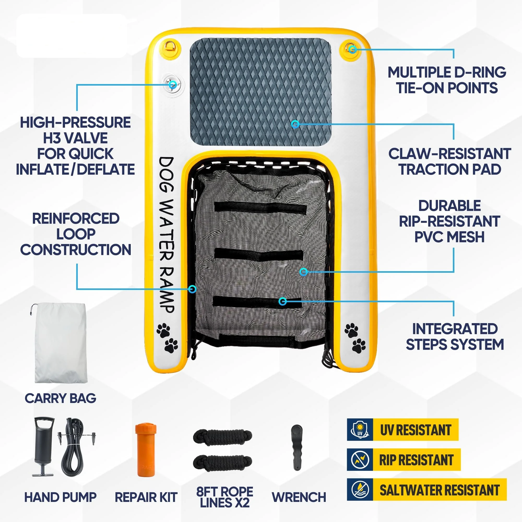 سلم عائم محمول قابل للنفخ للكلاب مع وسادة مضادة للانزلاق من مادة EVA للقوارب وحمامات السباحة والحيوانات الأليفة - لعبة مياه للكلاب #3