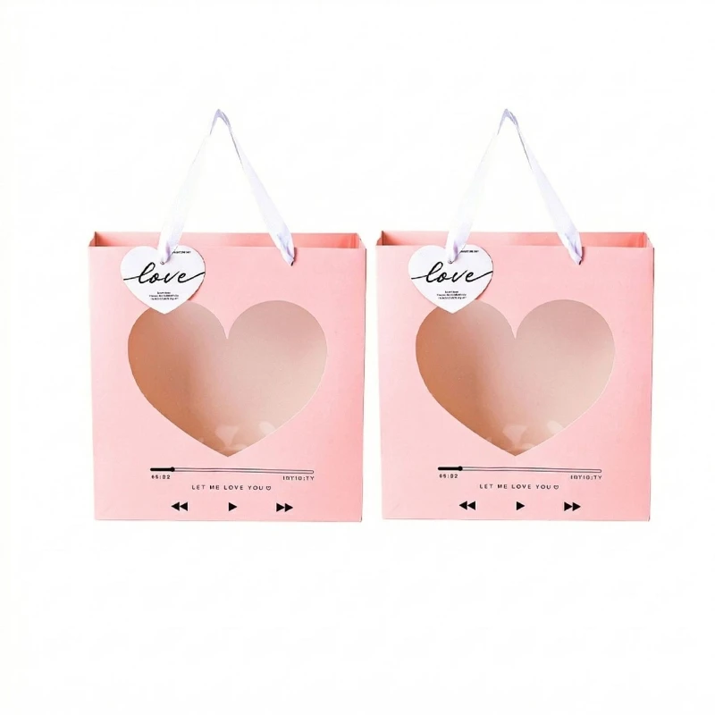 Anniversary Flower Tote Bag Pink Heart-shaped Transparent Windowed Bouquet Bag Valentine's Day Holiday Gift Packaging Bag