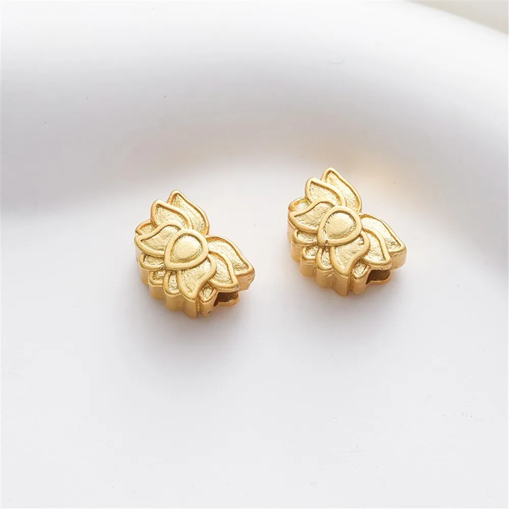 Double-sided Pattern Lotus Retro Beads, 18K Gold-Color, 8*10mm, Transverse Hole Through Hole, DIY Jewelry, Loose Beads