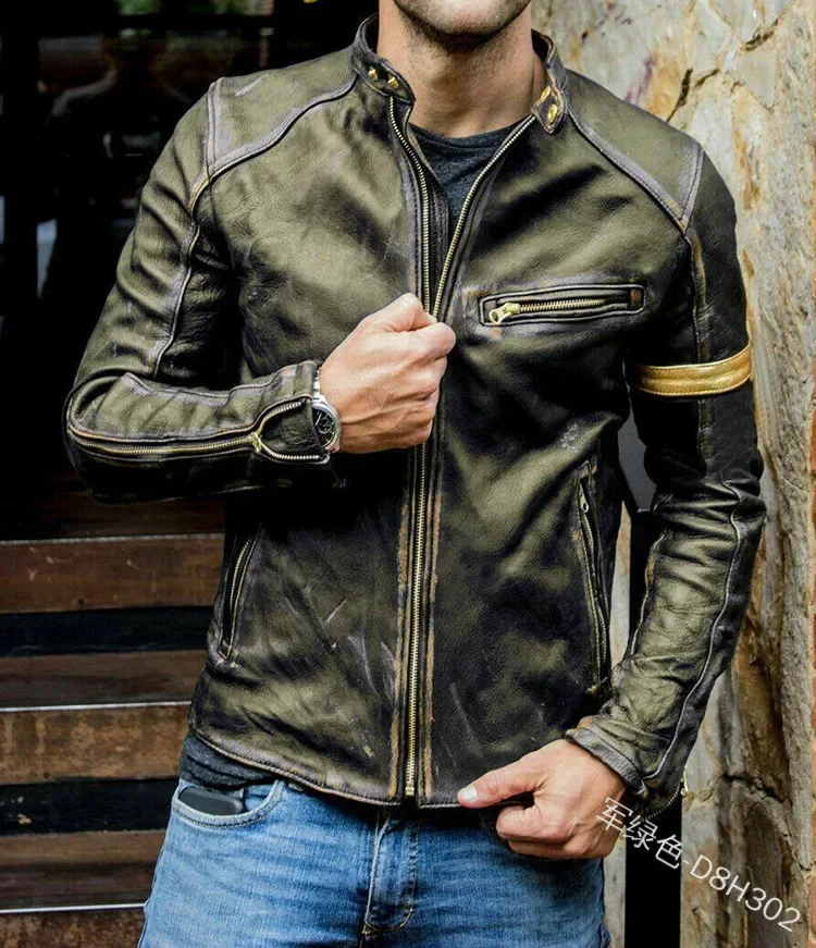 Men\'s Motorcycle Jacket Standing Collar Hip-hop Personalized Leather Jacket with High-quality Vintage Punk Style Men\'s Jacket