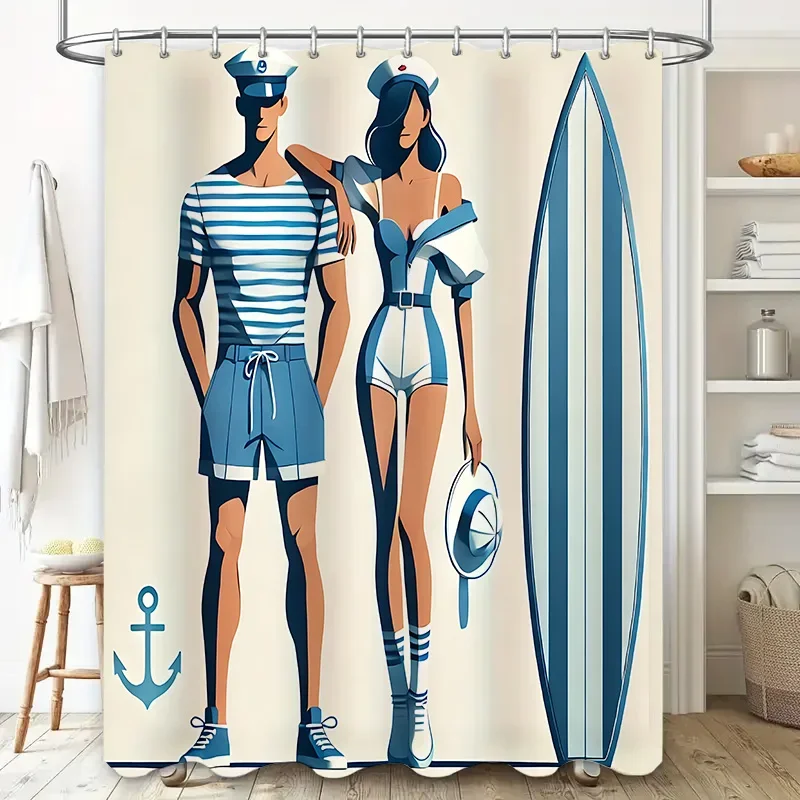 

Занавеска для душа морской тематики для ванной комнаты — стильный сине-белый дизайн — идеально подходит для любителей пляжа — прочный и водонепроницаемый