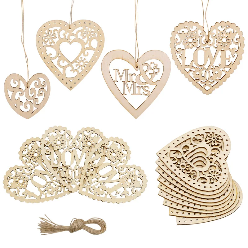 10pcs Wooden Hollow Love Heart Pendant Ornaments DIY Laser Cut Love Heart Mr Mrs Hanging Ornament Wedding Rustic Decoration