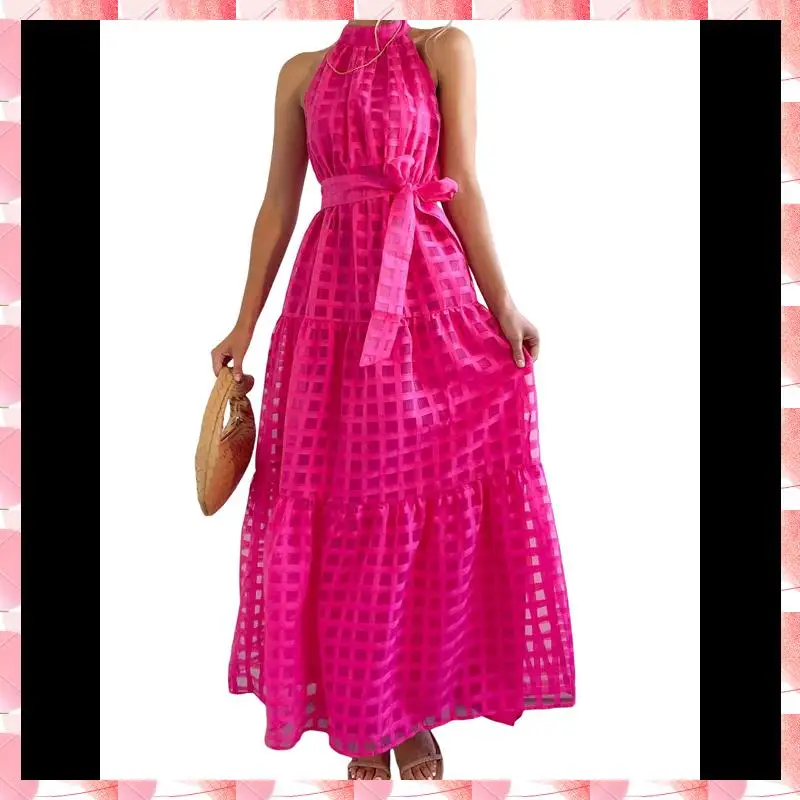 فستان نسائي صيفي طويل منقوش عليه زهور بدون أكمام ورقبة رسن وحاشية مكشكشة فساتين بوهو طويلة مع حزام