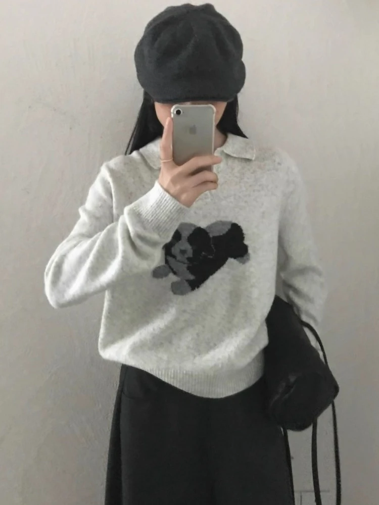 

Y2K Cartoon Print Knit Sweater Women O Neck Pullover Top Autumn Winter Korean Fashion Long Sleeve Short Sweaters Tops Streetwear