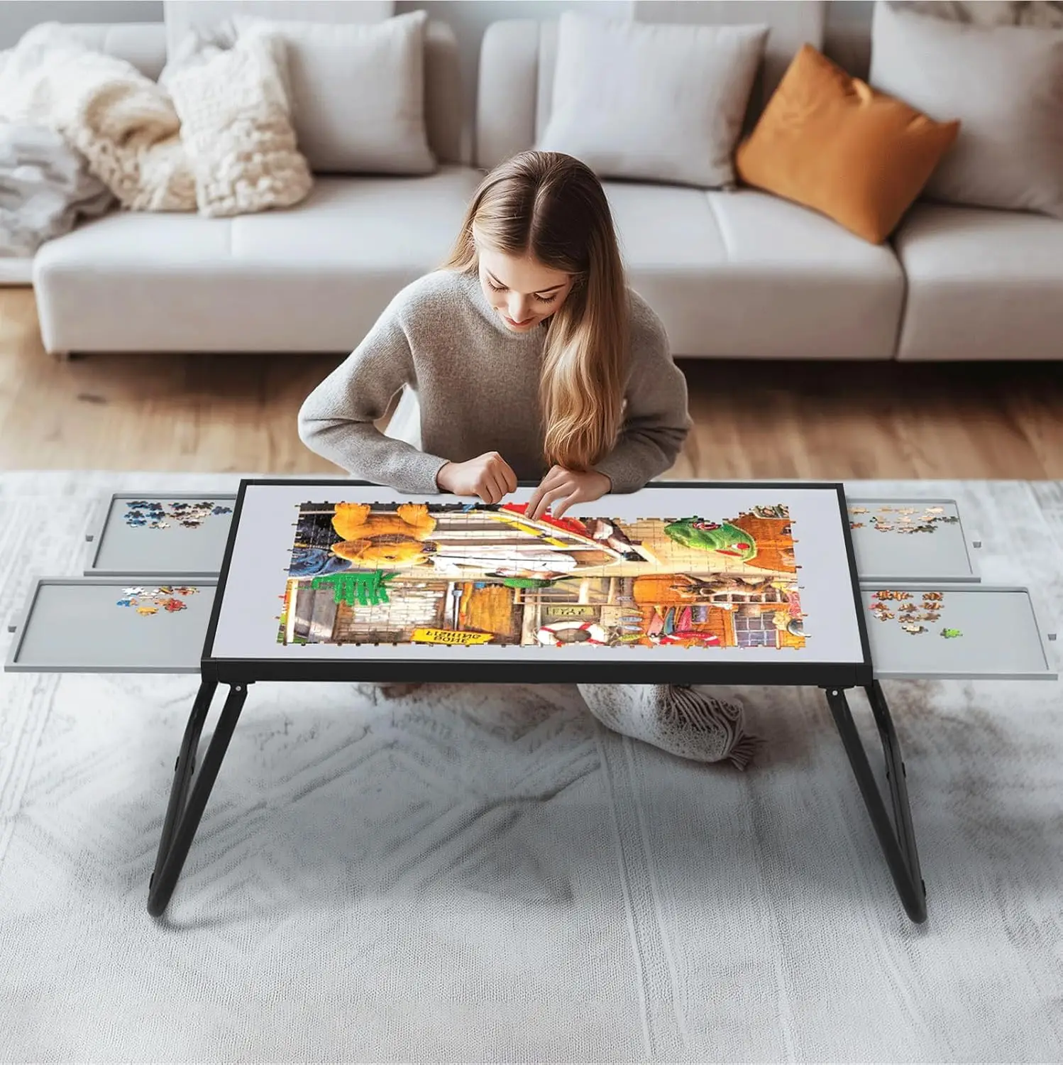 

Puzzle Table 1500Pcs, Metal & Plastic Frame, 4 Drawers, U-Shaped Legs, Grey & Black, 15.35 H Height