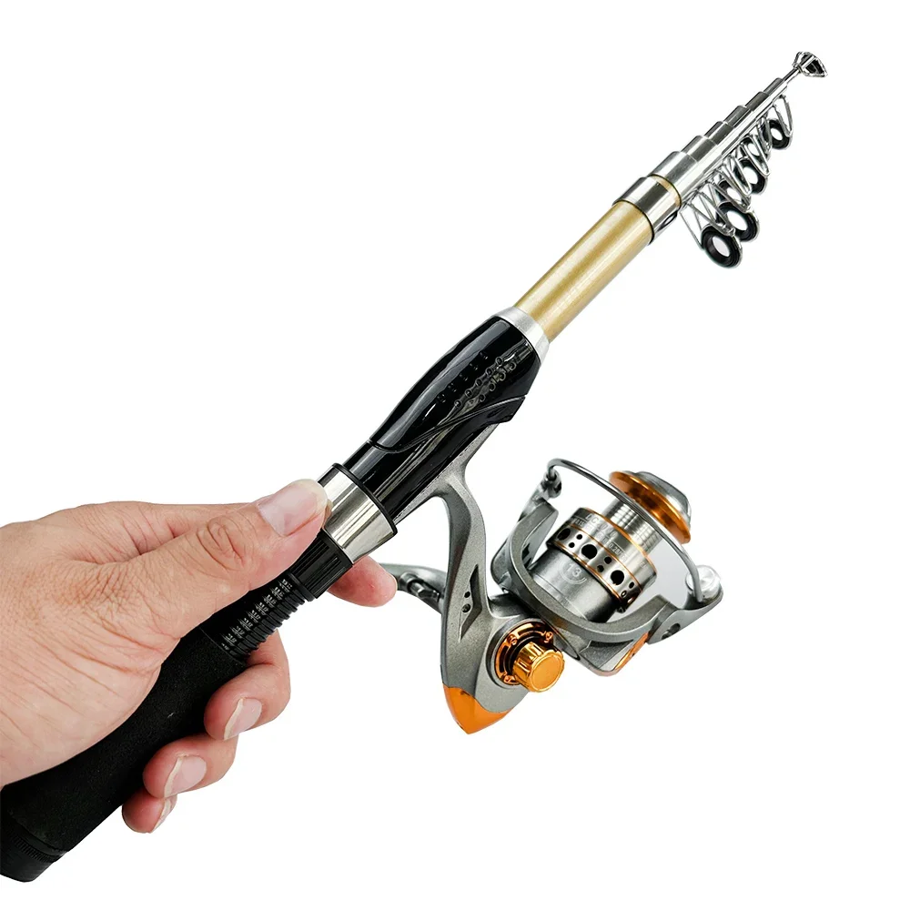 Small Telescopic Fishing Rod Reel Set 1.5m 1.7m 1.9m 2.1m Portable Super Hard Spinning Rod Metal Spool Reel Combo Tackle Pesca