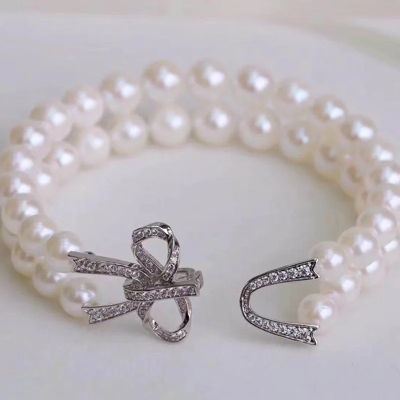 2 rows Japan akoya AAA S925 Silver 8-9mm Candy Natural Baroque Pearl Double-row round pearl bracelet