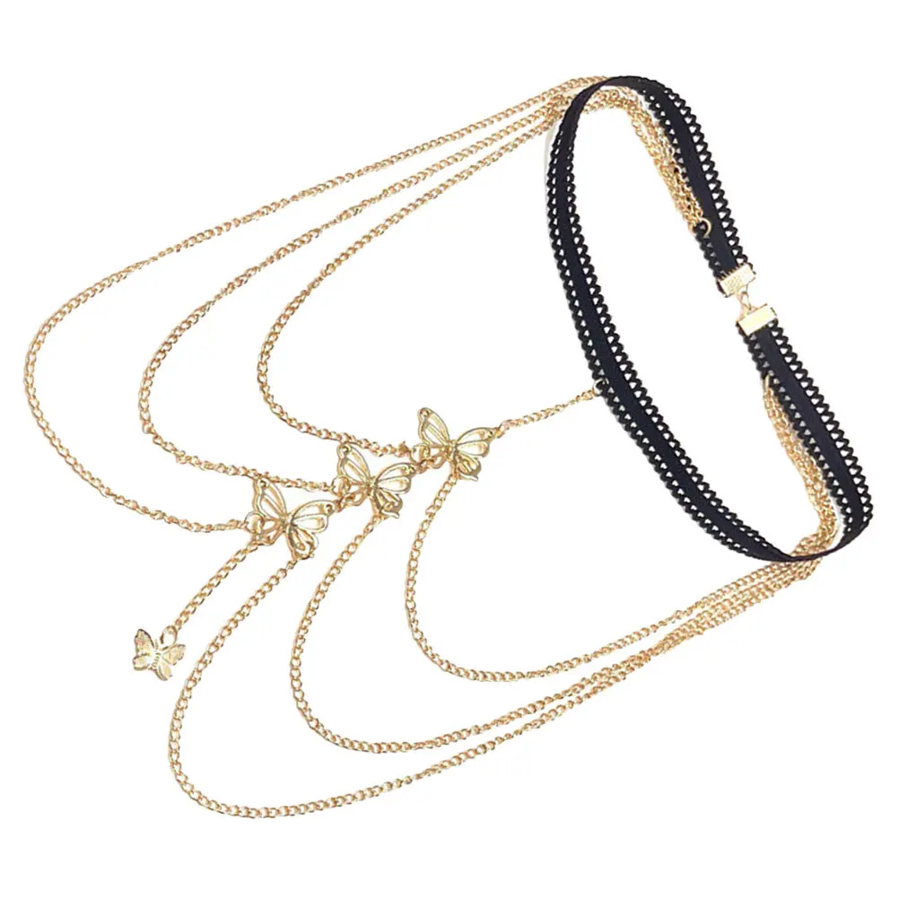 Corrente elástica sexy para coxa, joias multicamadas para pernas, borboletas, corrente corporal, boate, festival, festa, correntes corporais para mulheres