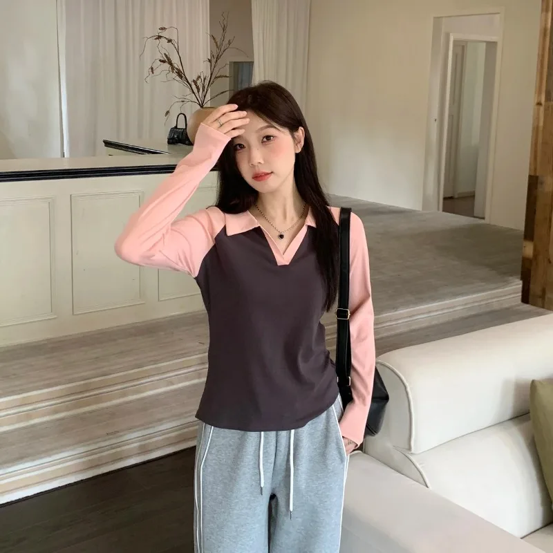 Women Polo Neck Color Block Long Sleeve T Shirt Slim Fit Casual Basic Top Autumn Dopamine Blouse