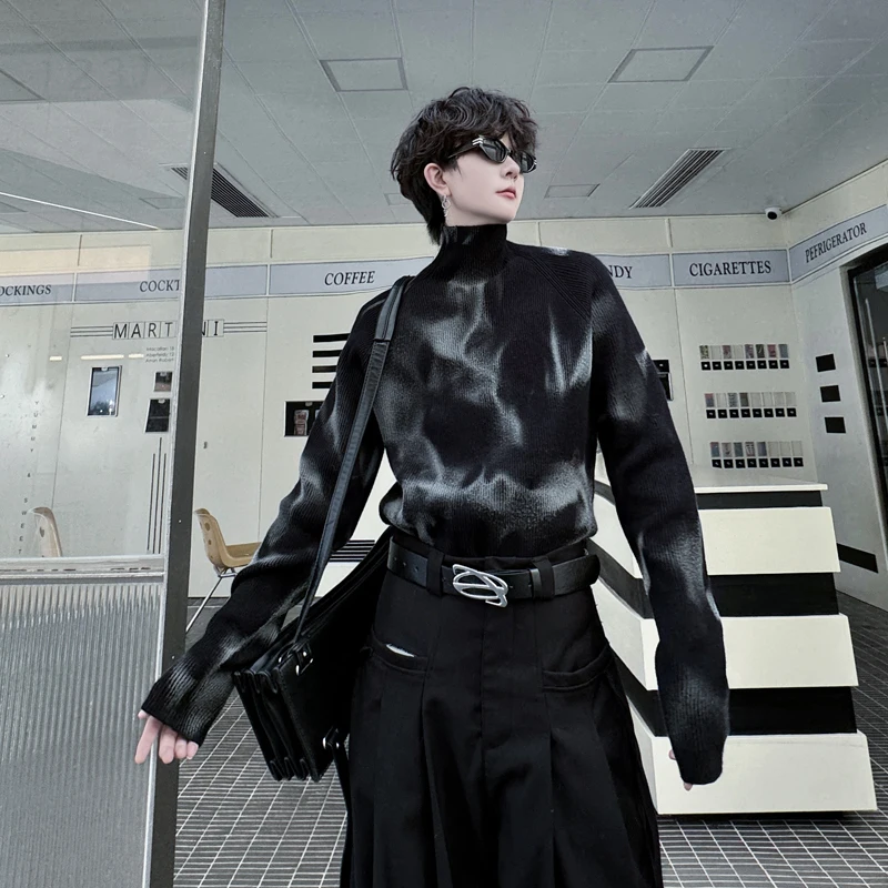 

Cool Men's Knitted Sweater High Collar oulder Insert Spray Painted Casual Winter Long Sve Top Faionable Streetwear