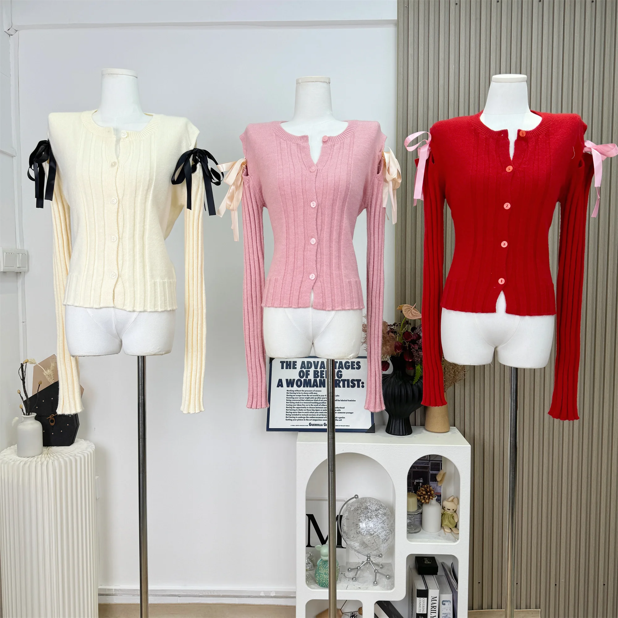 

Осень-зима 2025 г., вязаный кардиган с длинными рукавами, женский кашемировый повседневный однобортный свитер с круглым вырезом и бантом F268