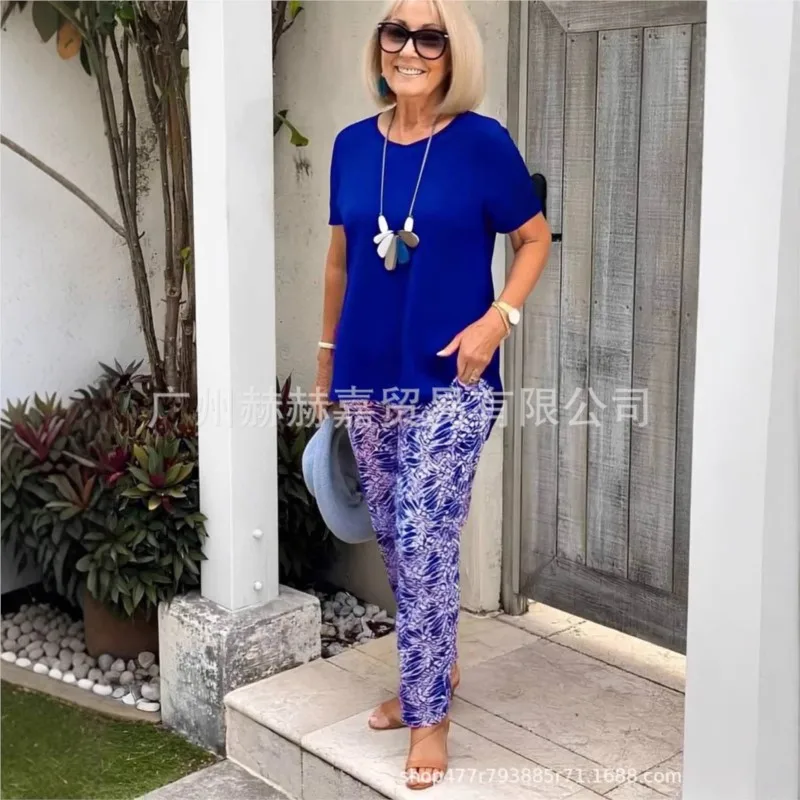 Moda elegante conjunto de duas peças para mulher 2025 cor sólida em torno do pescoço manga curta camiseta + calças impressas terno roupas de verão