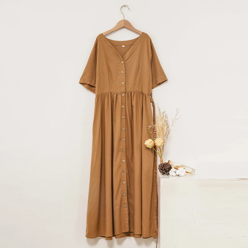 Summer Cotton Linen Women\'s Dress Sexy V-Neck Short Sleeve Button Up Maxi Chic Elegant Party Dress Long Sundress Vintage Clothes