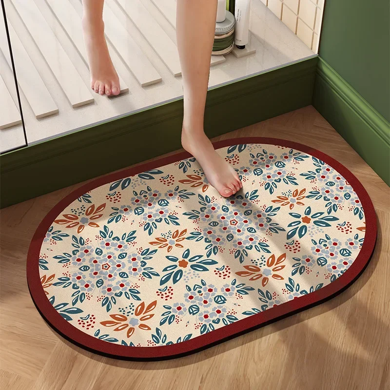 American Retro Print Diatom Mud Bathroom Mat Exquisite Absorbent Oval Foot Pad for Toilet Quick-Drying Anti-Skid Floor Covering